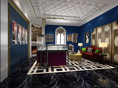 Luxurious Jewelry Store Interior With Blue Walls Ornate Ceiling Display Cases Sofa And Marble Flooring 3d model
