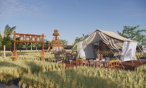 Modern Camping Rice Field Camping Park Rice Field Picnic Camping Tent Picnic City View Country Park 3d model