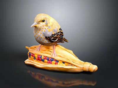 Small Yellow Spotted Bird Standing On Corn With Colorful Kernels Decorative Figure 3d model