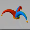 Colorful Pointed Jester Hat With Red Blue Green Points Yellow Pom Poms And Orange Brim