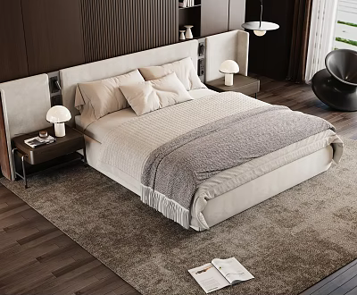 Modern Double Bed with Beige Headboard Nightstand Table Lamp Soft Bedspread and Plush Rug 3d model