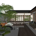 Traditional Courtyard Garden Design With Wooden Deck Gravel Path And Lush Green Plants