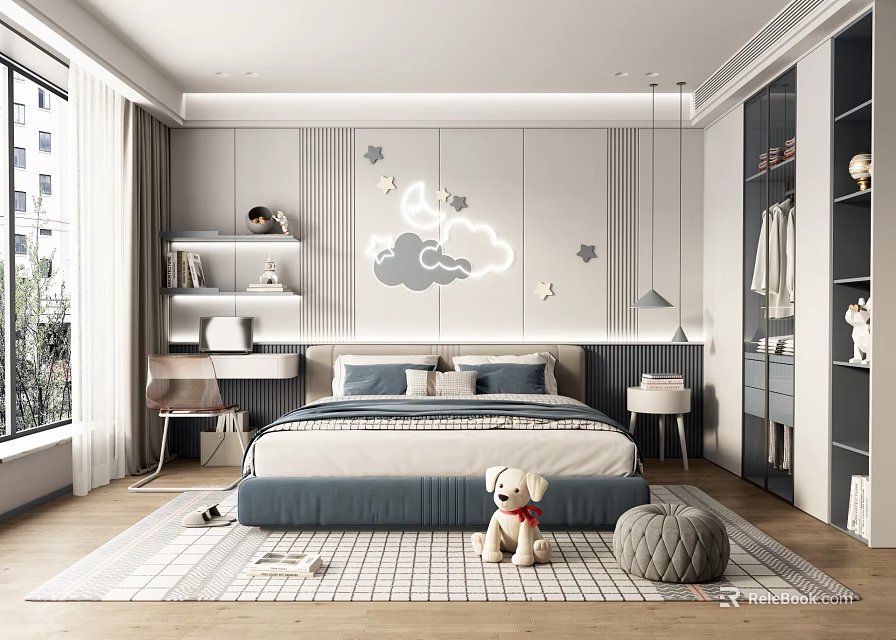 Kids Room With Cloud Star Wall Decor Blue Gray Bedding Stuffed Dog Toy And Bookshelf 3d model 
