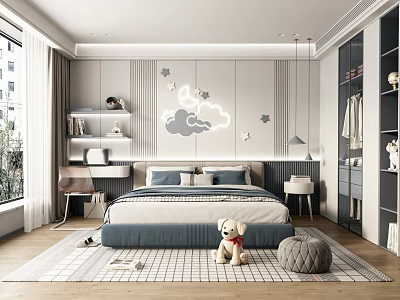 Kids Room With Cloud Star Wall Decor Blue Gray Bedding Stuffed Dog Toy And Bookshelf 3d model