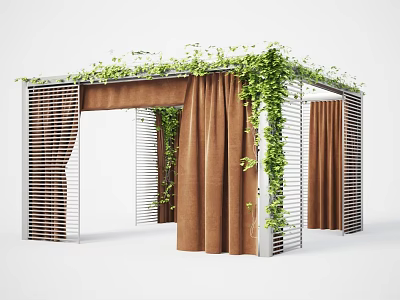 Modern Outdoor Pergola Featuring Metal Frame Green Vines And Brown Curtains 3d model