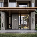 Modern Building Entrance with Stone Pillars Glass Door Canopy Greenery Lawn and Wall Lamps
