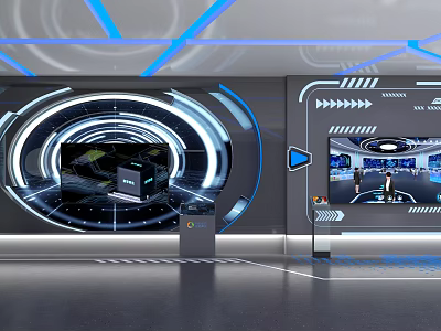 Futuristic Tech Control Room With Circular Display Blue Lighting And Interface Elements 3d model