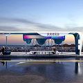 Modern Coastal Bus Station with Shelter Seats and Sea View at Sunset