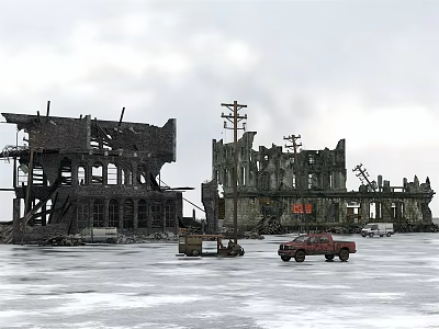 Ruined Building Components With Broken Walls Columns And Abandoned Vehicles 3d model