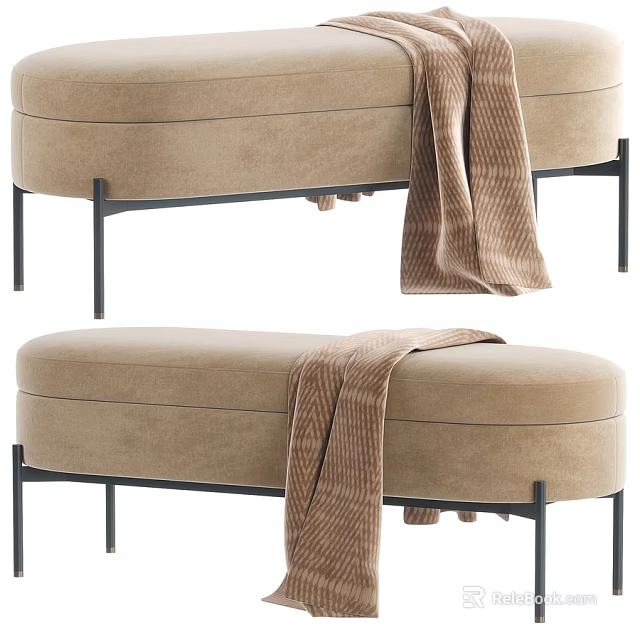 Beige Fabric Sofa Bench With Black Metal Legs And Striped Throw Blanket 3d model 