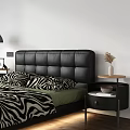 Double Bed With Black Leather Headboard Zebra Print Green Bedding Bedside Tables And Wooden Floor