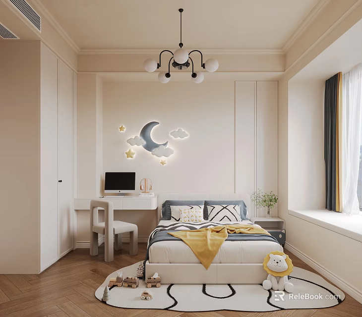 Kids Room Interior Design With Moon Cloud Star Decor Bed Desk Chair And Toy Rug 3d model 