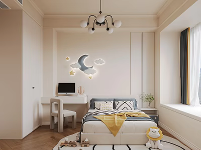 Kids Room Interior Design With Moon Cloud Star Decor Bed Desk Chair And Toy Rug 3d model