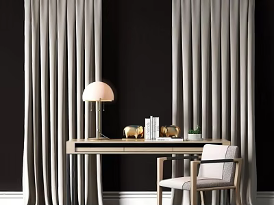 Stylish Desk with Table Lamp Books Decorative Objects Light Curtains and Dark Walls 3d model