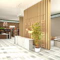 Modern Specialty Store Interior with Shelves Products Checkout Counter Stone Wall and Plants