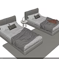 Two Single Beds With Gray Headboard And Gray Pink Blankets Bedroom Interior 3d model