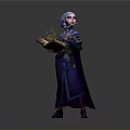 Woman in blue purple robe holding glowing book with light blue hair against gray background