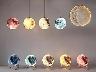 Moon Shaped Lighting Combinations with Various Colors Hanging and on Base Stands for Interior Decoration 3d model