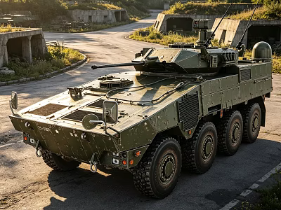 Green Armored Wheeled Military Tank With Turret And Bunkers On Country Road 3d model