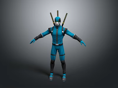3D Character Model In Blue Uniform With Black Yellow Antennae And Arms Outstretched 3d model