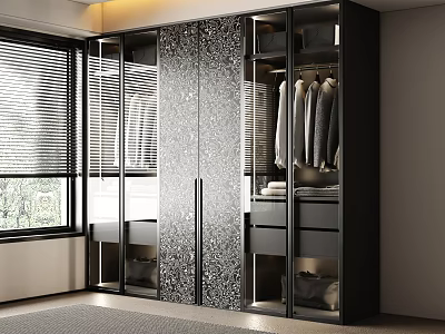 Modern Wardrobe with Glass Doors Built in Storage Hanging Clothes and Drawers 3d model