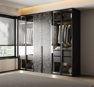 Modern Wardrobe with Glass Doors Built in Storage Hanging Clothes and Drawers 3d model