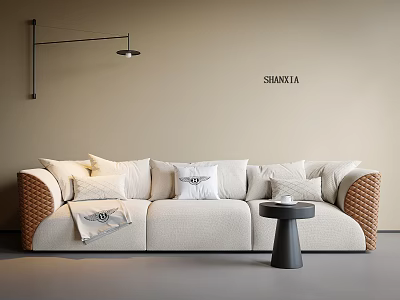 Beige Sofa Set with Plush Cushions Woven Armrests Small Round Side Table and Wall Lamp 3d model