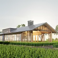 Modern Residential Building with Wooden Frame Large Glass Windows and Pitched Roof Surrounded by Green Grassland