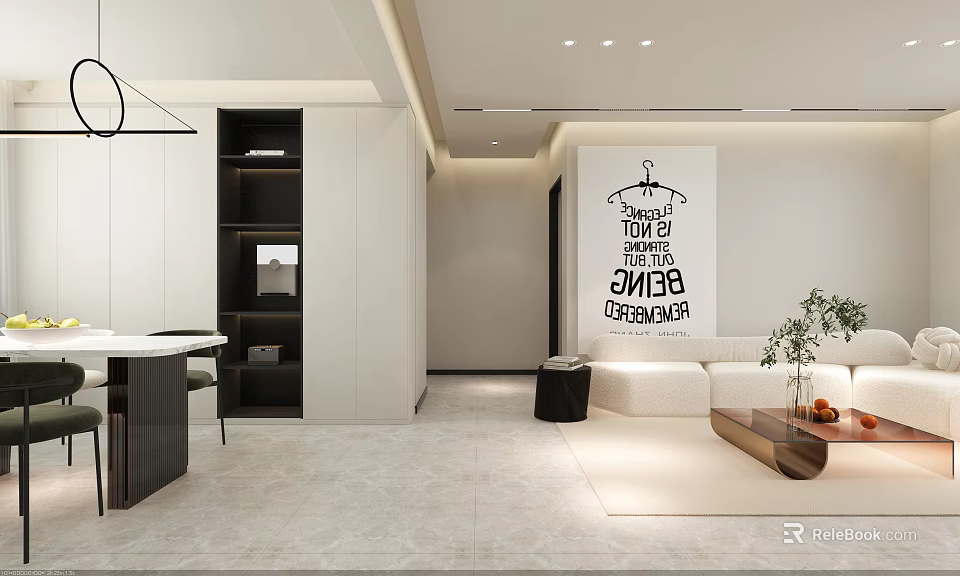 Modern Dining Living Room Interior With Sofa Dining Table Pendant Light And Wall Art 3d model 