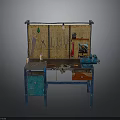 Vintage Workbench Setup With Wall Tool Rack Hanging Tools And Blue Drawers