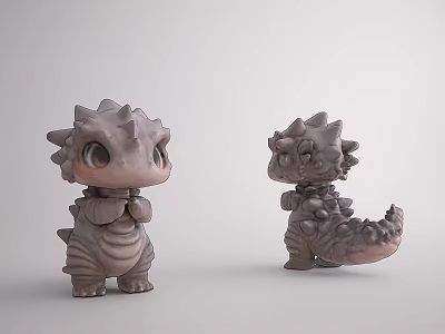 Two cute grey spiky dinosaur dolls with big eyes and different poses 3d model