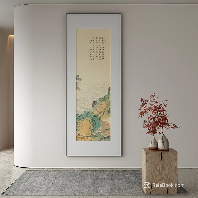 Traditional Chinese Landscape Painting Hung on Wall with Wooden Table and Red Leaf Plant 3d model 