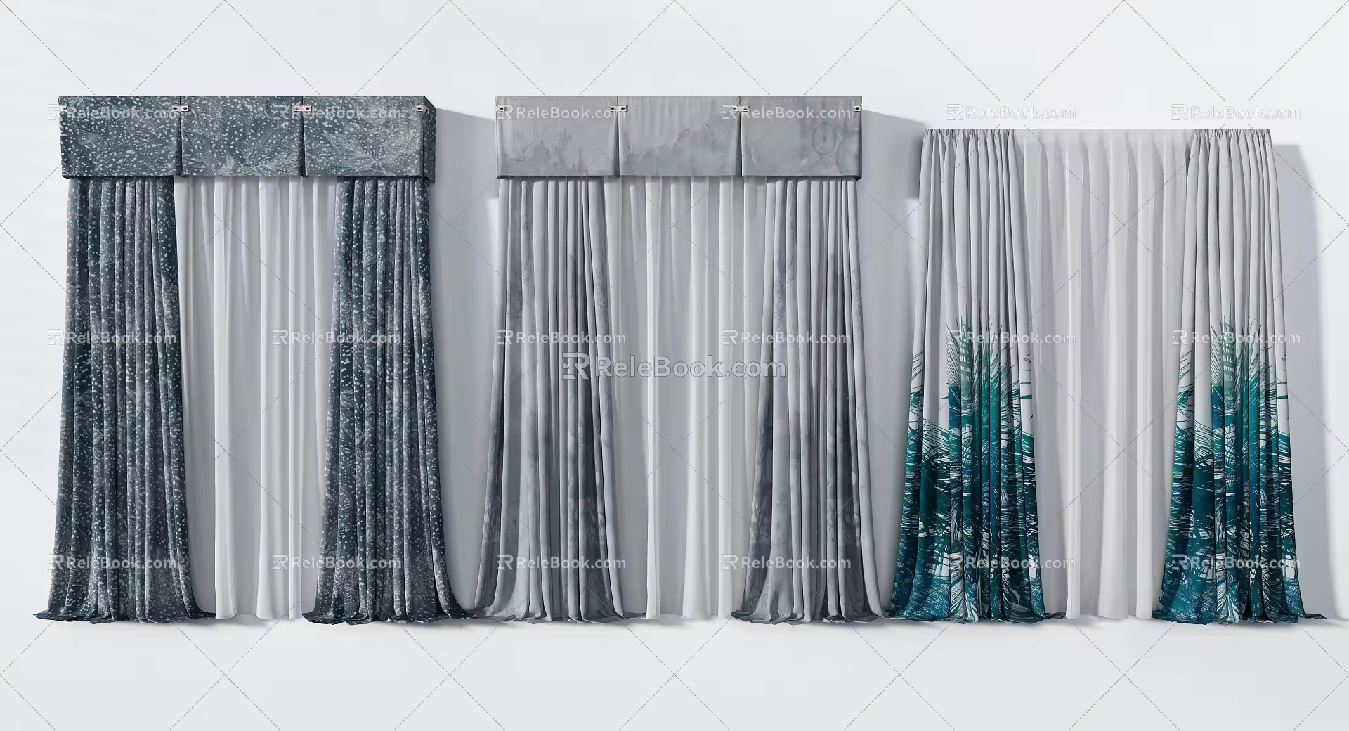 Advanced gray blue art dark pattern curtain combination 3d model