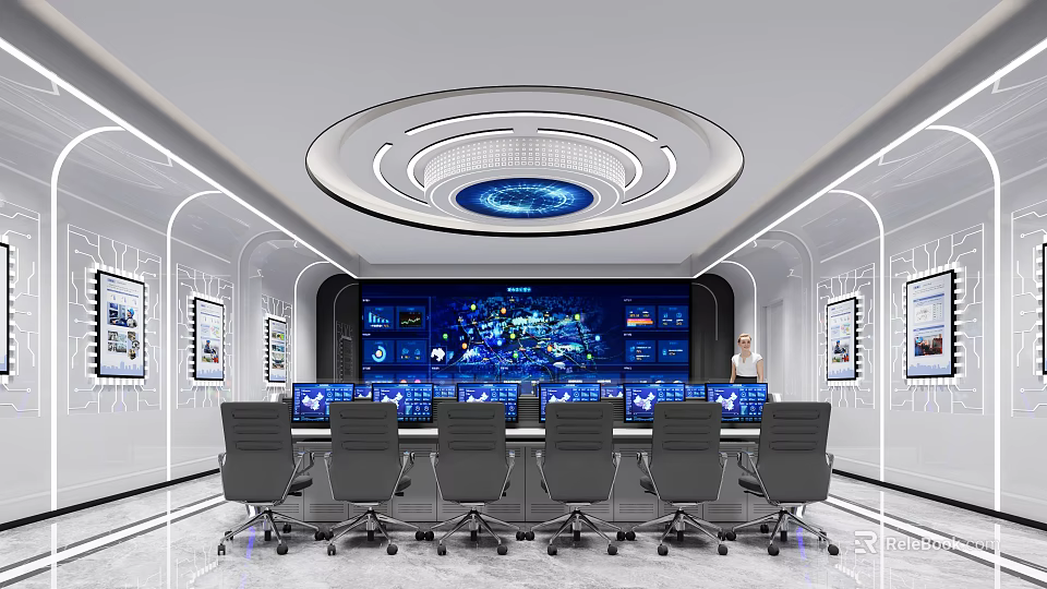 Modern Control Room Interior With Multiple Monitoring Screens Control Panels And Operator Seats 3d model 