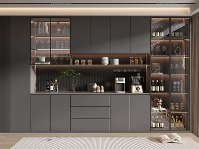 Modern Gray Wine Cabinet With Glass Doors Wine Bottles And Wine Glasses 3d model