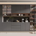 Modern Gray Wine Cabinet With Glass Doors Wine Bottles And Wine Glasses