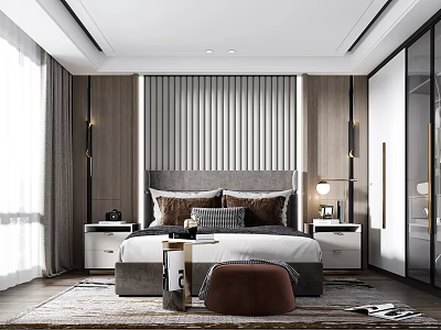 Modern Luxury Bedroom Interior With Grey Headboard Striped Accent Wall Nightstands And Floor to Ceiling Windows 3d model