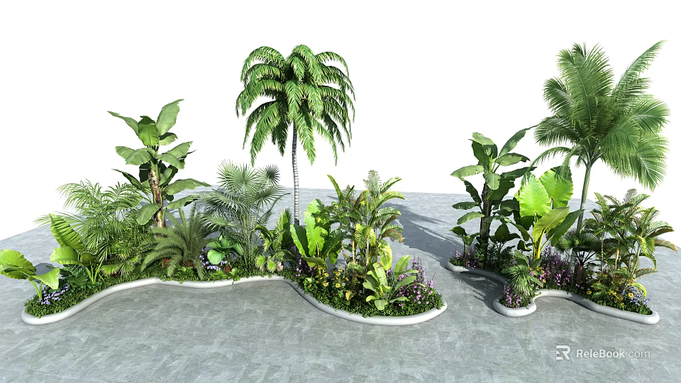 Lush Outdoor Flowers and Plants with Palm Trees Banana Leaf Ferns Curved Planter Beds 3d model 