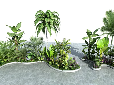 Lush Outdoor Flowers and Plants with Palm Trees Banana Leaf Ferns Curved Planter Beds 3d model