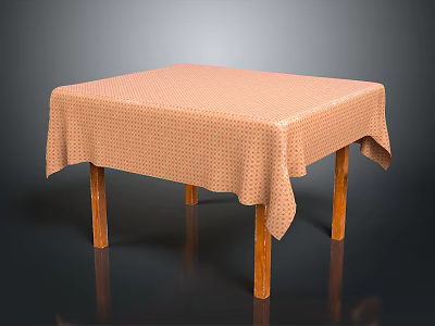 Wooden Dining Table Featuring Orange Polka Dot Tablecloth For Home Decor 3d model