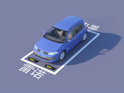 Blue Renault Car Parked in Branded Parking Space with Clear White Markings 3d model