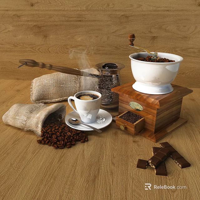 Stylish Kitchen Appliances Coffee Grinder Pot With Beans Burlap Bags Chocolate Pieces 3d model 