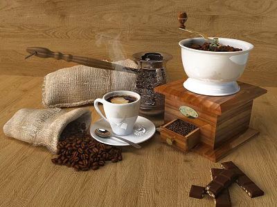 Stylish Kitchen Appliances Coffee Grinder Pot With Beans Burlap Bags Chocolate Pieces 3d model