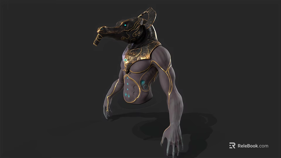 Mythical Jackal Headed Humanoid With Golden Accents Egyptian Design Muscular Torso And Blue Glowing Details 3d model 