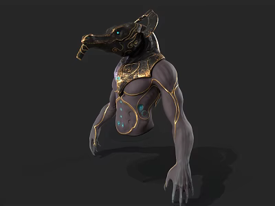 Mythical Jackal Headed Humanoid With Golden Accents Egyptian Design Muscular Torso And Blue Glowing Details 3d model