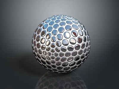 Shiny Metallic Golf Ball With Dimpled Surface On Dark Background And Reflection 3d model