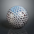 Shiny Metallic Golf Ball With Dimpled Surface On Dark Background And Reflection