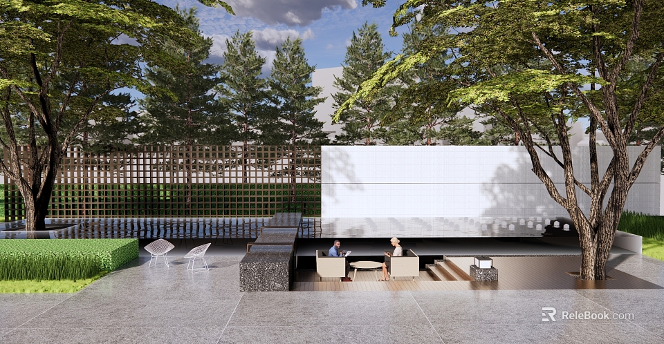 Modern Outdoor Feature Wall With Lattice Fence Green Trees And Seating Area 3d model 