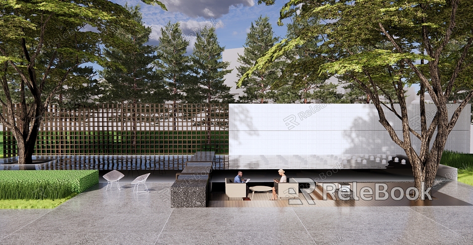 Modern Courtyard Residence Large Area Landscape Sinking Space Sofa Card Seat Leisure Meeting Room Waterscape Grille Landscape Wall model