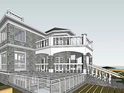 Single Family House Exterior With Stone Walls Balcony White Railing And Stairs 3d model